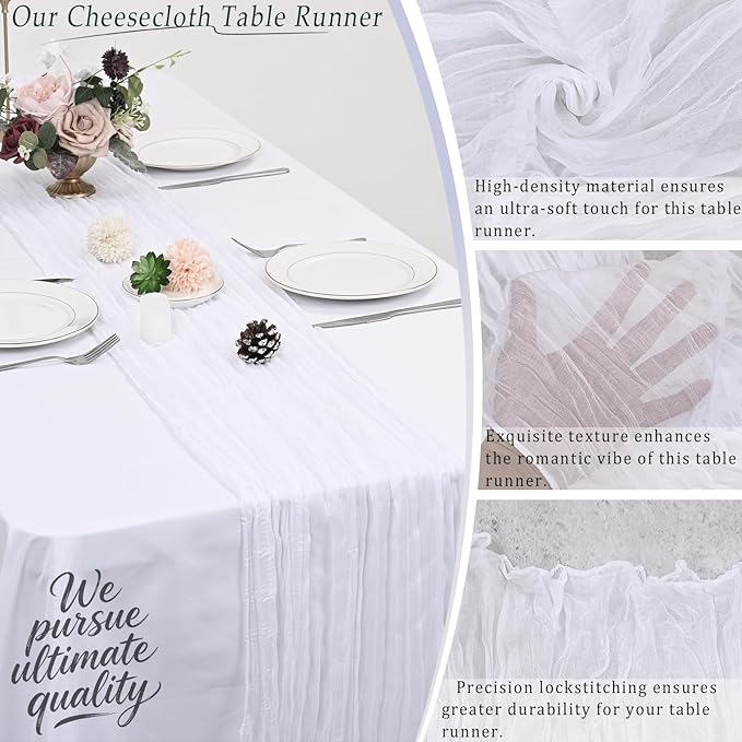 10 Pack White Cheesecloth Table Runner 17x108 Inch Semi Sheer Boho Rustic Gauze Cheese Cloth Table Runners for Wedding Party Birthday Baby Shower Home Décor
