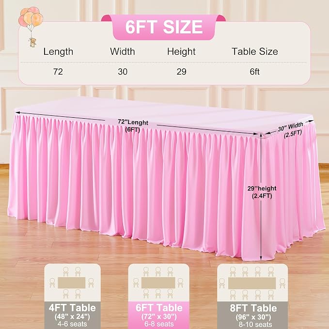 2 Packs Pink Tableclothes for 6 Foot Rectangle Tables, Wrinkle Free Fitted Table Cloth 6ft Stretch Table Cover with Skirt for Parties Weddings Birthday Banquet Baby Shower