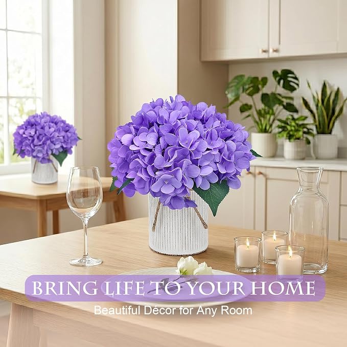 Flower Table Centerpieces - Set of 6 Floral Arrangement Artificial Wedding Hydrangeas Floral Arrangement with Rustic Metal Vase for Bridal Tea Party Event Decorations - Deep Purple