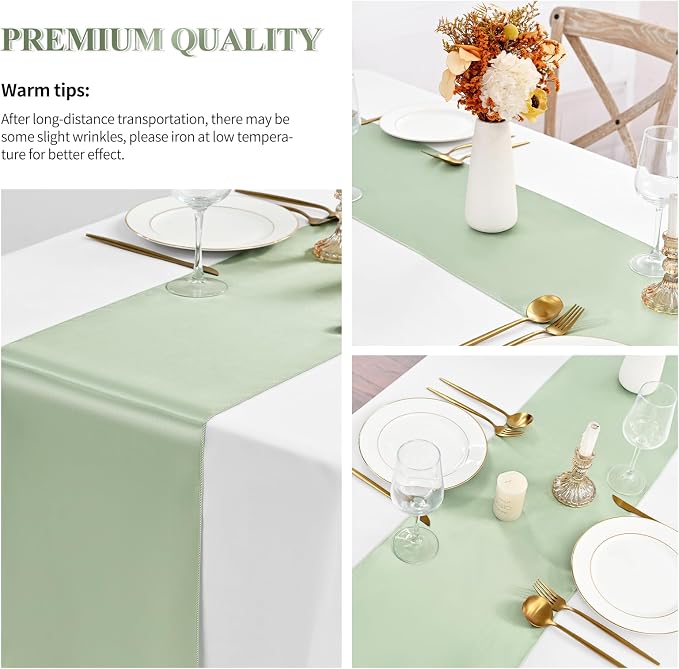24 Pack Sage Green Satin Table Runners, 12 x 108 Inch Long Table Runners for Rectangle Round Tables,Smooth Satin Table Runner for Wedding,Birthday Party Banquets Graduation Engagements Decoration