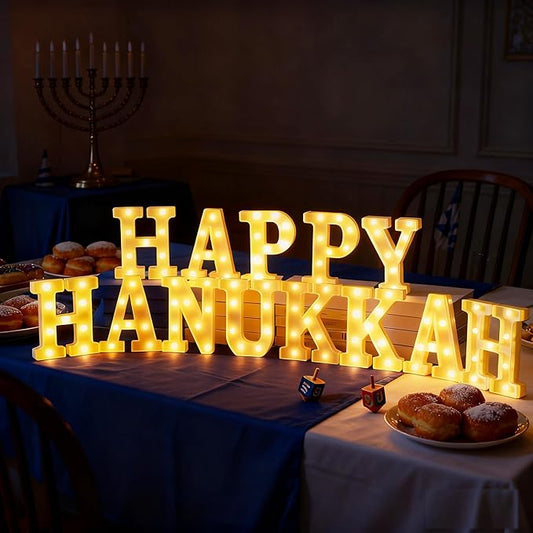 Aurelema 13 Pcs Happy Hanukkah Large LED Letter Sign LED Lights Battery Powered Jewish Table Decoration for Chanukah Party Jerusalem Party Decor