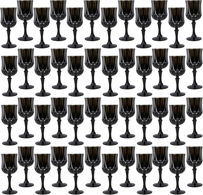 Plastic Wine Glasses, Plastic Goblets Vintage Style Cordial Unbreakable Drinking Glasses, Reusable Drinkware for Wedding Reception, Grand Event Party Supplies (48, Black)