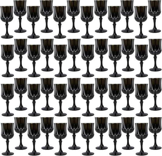 Plastic Wine Glasses, Plastic Goblets Vintage Style Cordial Unbreakable Drinking Glasses, Reusable Drinkware for Wedding Reception, Grand Event Party Supplies (48, Black)