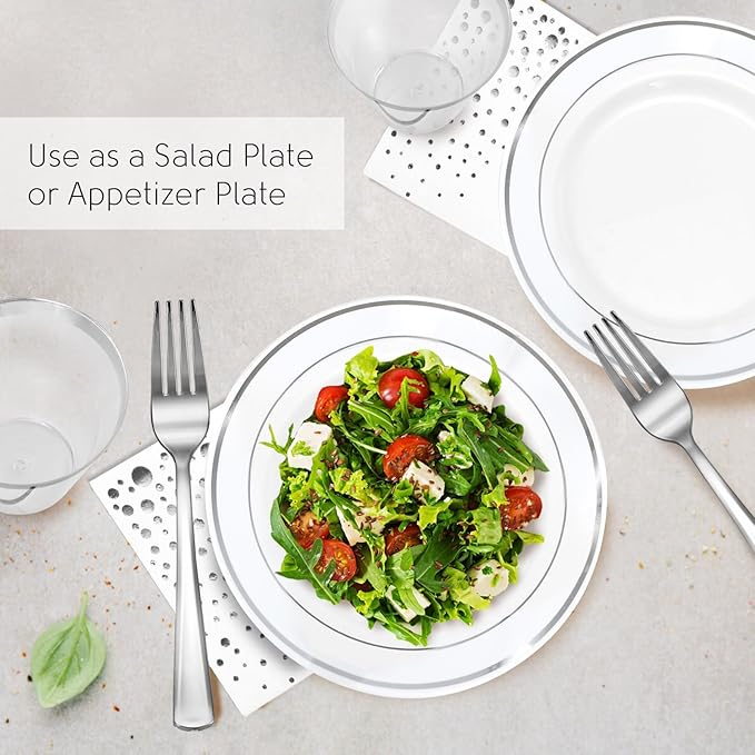 Stylish 7.5 Inch White and Silver Plastic Plates, Disposable Forks, Cups and Cocktail Napkins (100 Set), Silver Dessert Plates, Small Appetizer Plates, Disposable Cake Plates for Wedding Reception