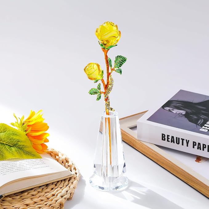 YWHL Handmade Yellow Rose Flower Crystal Figurine with Vase, Bouquet Glass Flowers Ornament Rose Gifts for Women Mom Wife, Crystal Flowers Home Decor for Anniversary Mother's Day Wedding