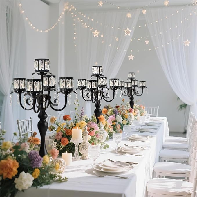 2Pcs Black 5-Arm Crystal Pendant Metal Candle Holder with Square Crystal Bowl, 22-Inch Tall Wedding Table Centerpiece for Holiday Party Events, Christmas, Birthday Decorations