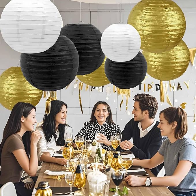 Black-Gold and White Paper Lanterns 12Pcs Hanging Lanterns for Birthday Party, Wedding, Home Decor, Baby Shower Festive Decoration