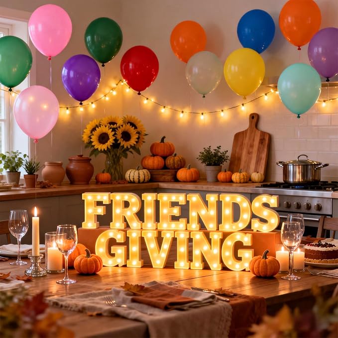 Friends Giving Party Decorations, Light up Letters Sign with 40 Round Pearlescent Balloons, Thanksgiving Led Marquee Lights Table Decoration for Friends Themed Party Fall Birthday Galentines Decor