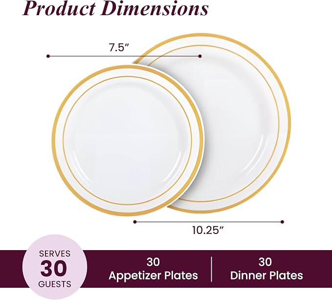 Aya's 60 Pack Heavy Duty Plastic Plates with Gold Rim - 30 Each of 10" Dinner and 7.5" Appetizer White Disposable Plates - Elegant Fancy Plastic Plates for Party, Weddings, and Special Events