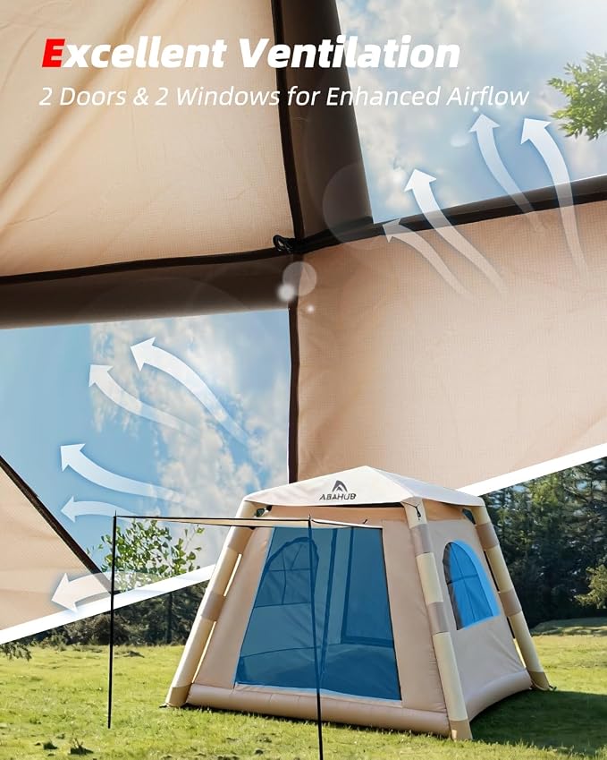 Abahub 2-4 Person Inflatable Camping Tent with Hand Pump, Easy Setup Blow Up Tent with Built-in Canopy, Waterproof 210D Oxford Fabric, Breathable & Ventilated Outdoor Glamping Tent