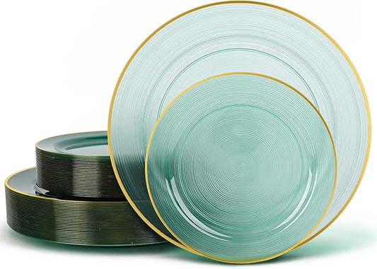 120PCS Green Plastic Plates with Gold Rim, Heavy Duty Disposable Plate, Fancy and Elegant Circular Ribbed 60 Dinner and Dessert Plates for Party, Weddings