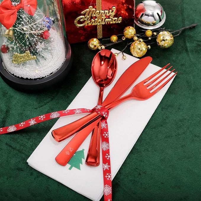 WDF 175pcs Christmas Plates Dinnerware - 25 Guests Unquie Desgin Red Plastic Plates with Green Christmas Tree Pattern, Red Plastic Cutlery, Clear Red Cups and Christmas Tree Napkins
