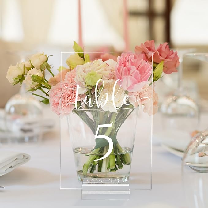 JINMURY Clear Acrylic Wedding Table Numbers 1-10 with Stand- 4x6 Inch Clear Acrylic Table Numbers and Holders for Wedding Party Reception