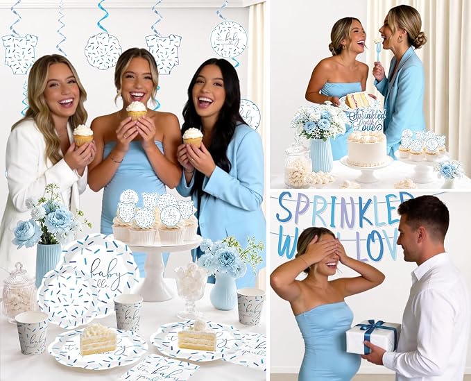 Xynic 205Pcs Baby Sprinkle Decorations Tableware Set Serves 25 Guests Sprinkled with Love Baby Shower with Blue Confetti Plates, Napkins, Tablecloths, Banner, and Cake Toppers for Boy