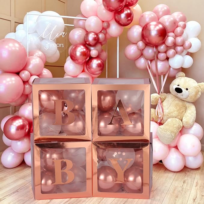 Valentine's Day Balloon Box with Letters Gift Box for Romantic Surprise Baby Boxes for Baby Shower, Gender Reveal Decorations with 4 Transparent Boxes for Baby Shower Decorations(Rose Gold)