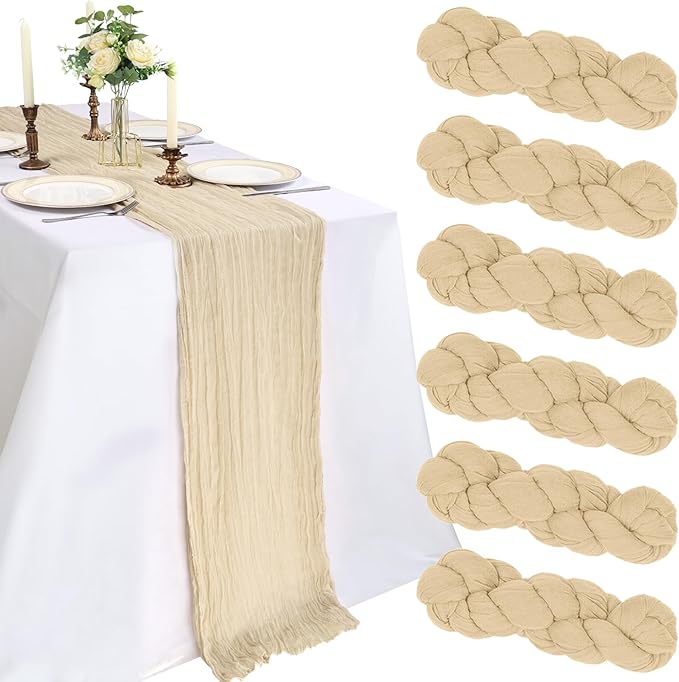 6 Pack 10FT Beige Cheesecloth Table Runner 120 Inch Long Gauze Rustic Boho Spring Cheese Cloth Table Runner Sheer Fabric Decorations for Holiday Party Wedding Banquet Bridal Baby Shower Décor