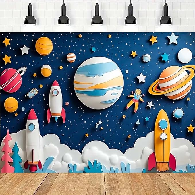Outer Space Birthday Backdrop Cartoon Rocket and Planets Photography Banner Universe Galaxy Stars Boy Girl Newborn Baby Shower Background First Birthday Backdrop for Boys (A, 9x6feet)