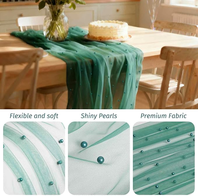 Pearl Table Runner 30 x 120 Inch 10 FT Long, Green Gauze Table Runners, Rustic Boho for Wedding Arch Birthday Party Bridal Veil Baby Shower Decorations