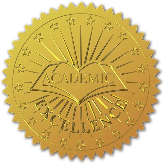 CRASPIRE Gold Foil Certificate Seals Stickers Reading Book Academic Excellence Self Adhesive Embossed 100pcs Medal Decoration Labels for Envelopes Diplomas Certificates Awards Graduation