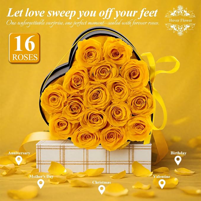16 Forever Preserved Flowers in a Box, Vanlentines Day Gifts for Her, Eternal Roses Flowers for Delivery Prime, Birthday Gifts for Women Mom Grandma Wife (Yellow)