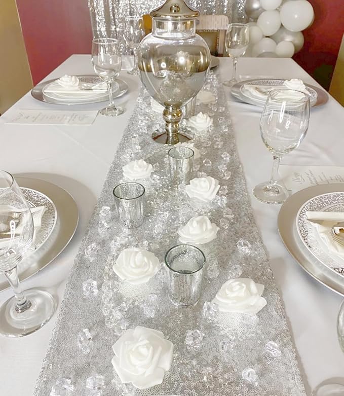 ShinyBeauty 10 Pieces-12 x108 Silver-Sequin Table Runner Wedding Party Catering Event (Silver)