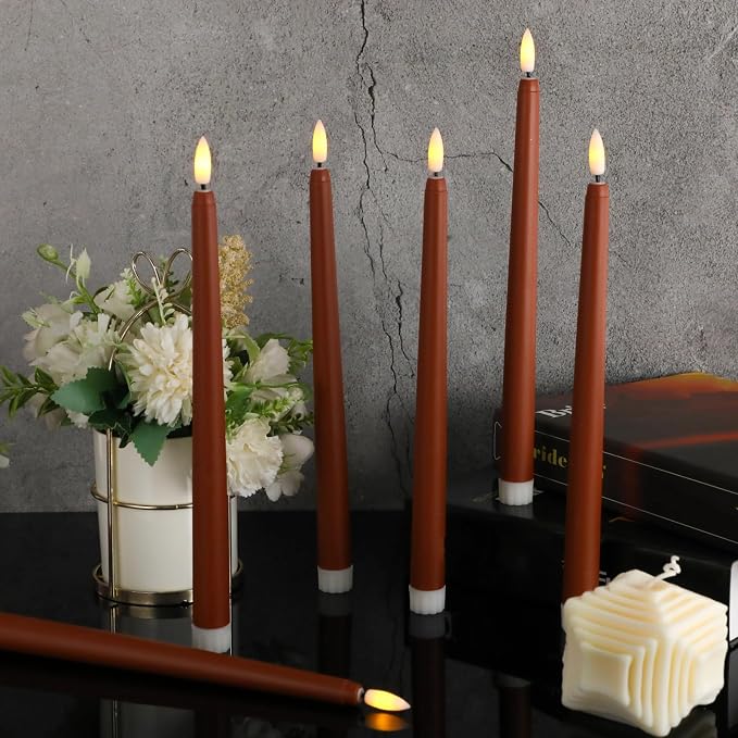 Macarrie 24 Packs Flameless Taper Candles Battery Operated Fake 11 Inch Long Candlelight LED Flameless Candlesticks Flickering Tapered for Summer Fall Wedding(Brown)
