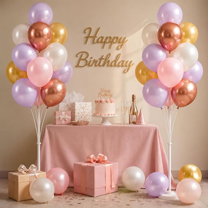 Balloon Column Kit Set of 2,Anti-Tip Sand-Fill Base Balloon Tower Stand with 10" 26pc pink purple Balloons,Height Adjustable for Easter Birthday Wedding Bridal Party Decorations Graduation