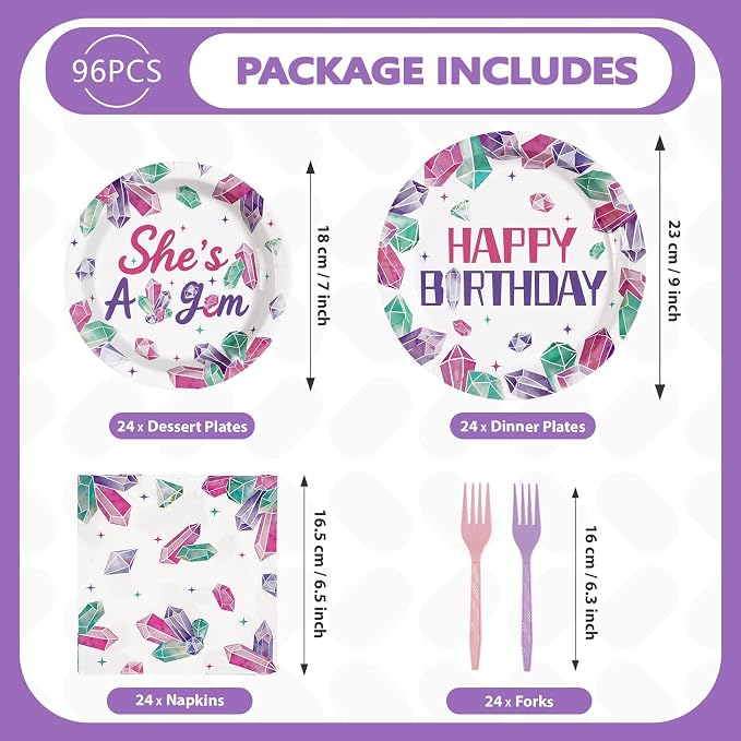 96Pcs Pink & Purple Gem Stone Birthday Party Supplies She's a Gem Plates and Napkins Disposable Pink Purple Jewel Crystal Diamond Tableware Set for Girls Happy Birthday Party Decorations Serves 24