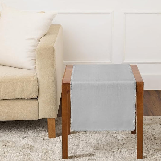 Solino Home Linen Light Grey Table Runner 36 Inches - Fringe, 100% Pure Linen Small Table Runner 14 x 36 Inch Ideal for Dresser and Coffee Tables - Spring, Summer, Mothers Day