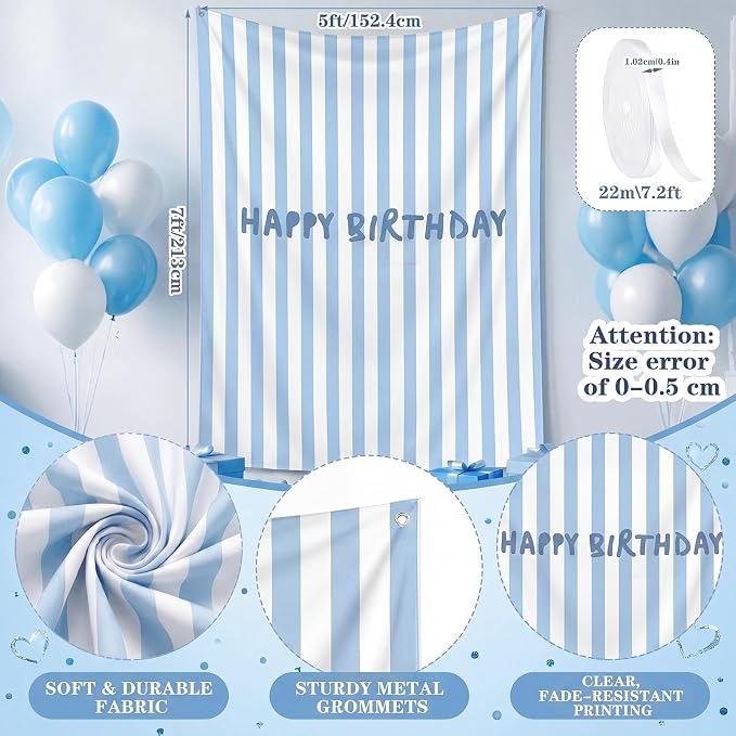 Flutesan 7x5ft Blue Stripe Happy Birthday Backdrop Large Banner Fabric Tapestry Birthday Party Decoration Baby Shower Linen Rustic Background Wall Photo Props Indoor Outdoor
