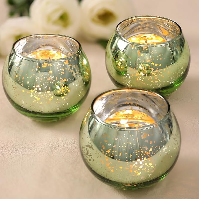 Volens 24PCS Green Votive Candle Holders Bulk, Round Mercury Glass Candle Holders for Tealight - Green Centerpiece Table Decorations for Wedding, Birthday, Party, Bridal Shower and Home Decor