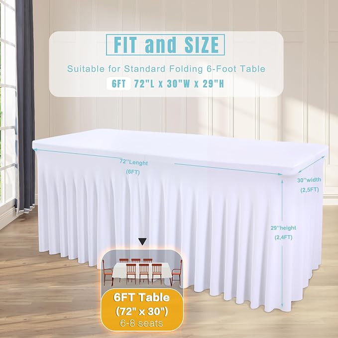 4 Packs White Tableclothes for 6 Foot Rectangle Tables, Wrinkle Resistant Fitted Table Cloth Stretch Spandex Table Covers with Skirt for Event Banquet Wedding Birthday Party