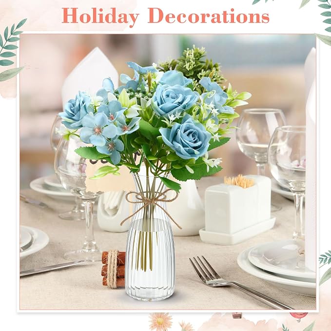 Thiccywoov 36 Pack Artificial Mini Rose Flowers with Vase Bulk, 24 Bundles Silk Rose Flower Artificial Bouquet 12 Plastic Vase with Rope Table Centerpiece Arrangement Wedding Party Deco (Blue)