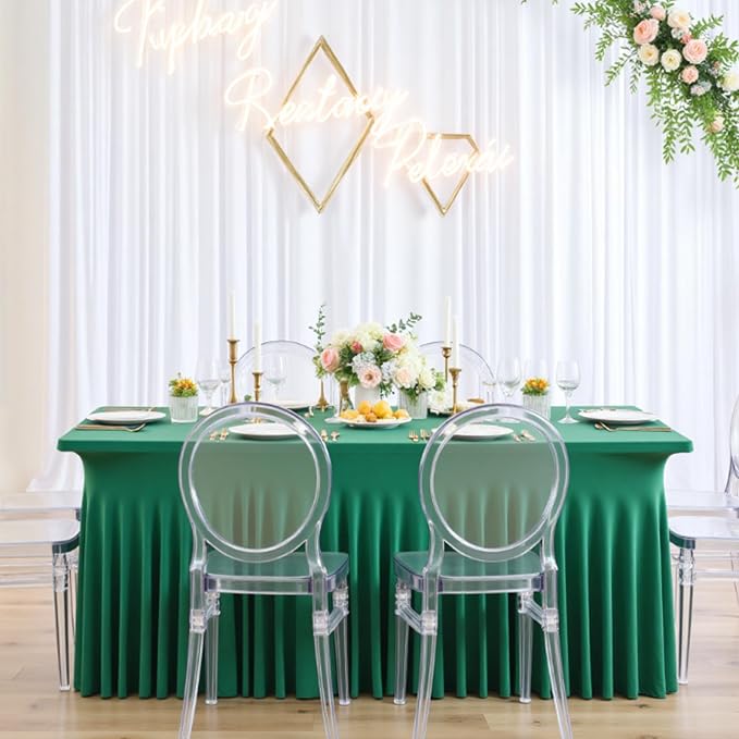2 Pack Emerald Green Spandex Tablecloth for 6 Foot Rectangle Tables, Wrinkle Free Fitted Table Clothes Cover 6ft Green Stretchy Tablecloths with Skirt for Parties Weddings Birthday Banquet Baby Shower