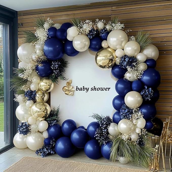 Navy Blue Balloon Garland Double Stuffed Pearl White Royal Blue Balloons Dark Navy Gold Balloon Arch Kit for Birthday Baby Shower Wedding Graduation Father's Day Party Decor