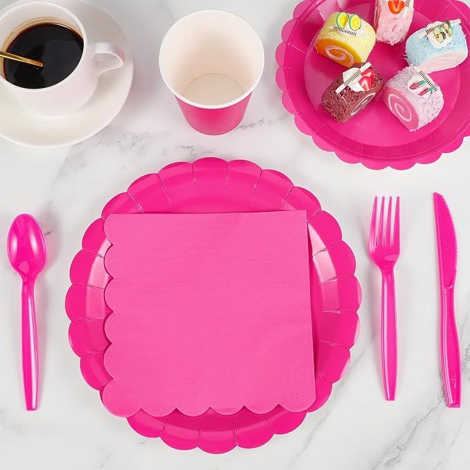 175 Pcs Hot Pink Paper Plates and Napkins, 25 Guest Hot Pink Supplies Include Scalloped Party Plates Napkins Cups Plastic Cutlery Set for Birthday, Bridal Shower