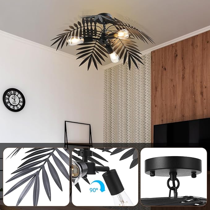 Newrays Vintage Black Tropical Coconut Leaves Ceiling Lighting Rustic Tree Lights Living Room Dining Room Bedroom Chandelier Fixtures