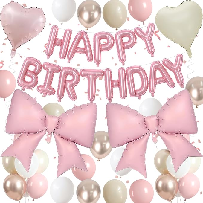 Boho Dusty Pink Bow Birthday Decorations for Women Girls, Blush Champagne Gold Sand White Cream Balloons Happy Birthday Banner Pink Coquette Foil Balloons Heart Balloon for Bday Party Supplies