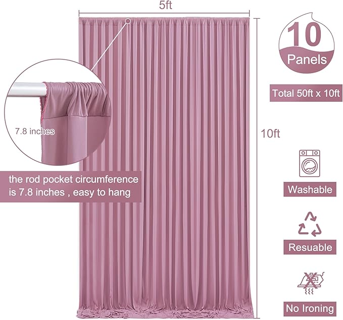 10 Panels Dusty Pink Backdrop Curtain for Wedding Parties Wrinkle Free Pink Photo Curtains Backdrop Drapes Fabric Decoration for Birthday Party Baby Shower 50ft(W) x 10ft(H)