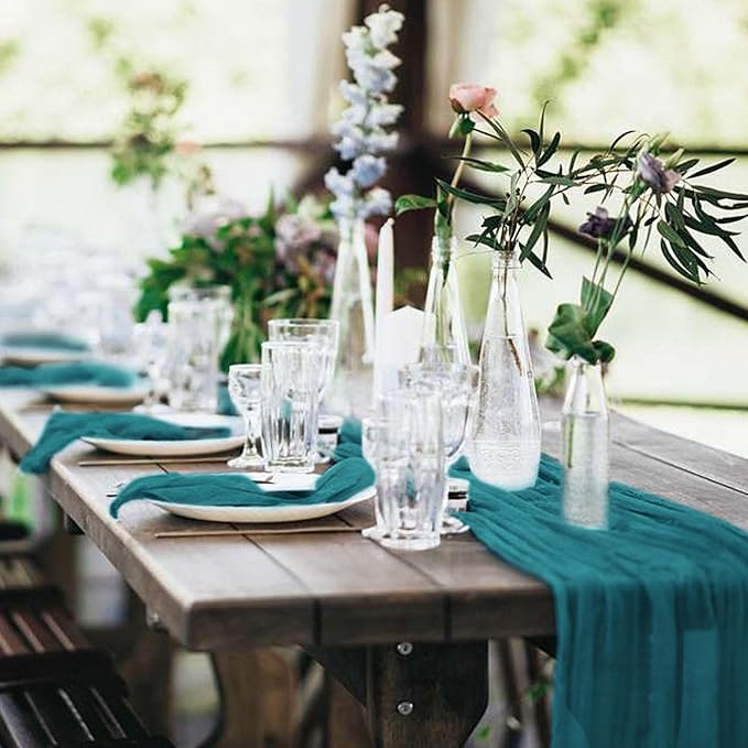 10 Pack Cheesecloth Table Runner 17 x 108 inch Long Boho Gauze Table Runners Semi Sheer Table Runner for Wedding Decor, Baby Shower, Birthday Party, Banquet (Teal)