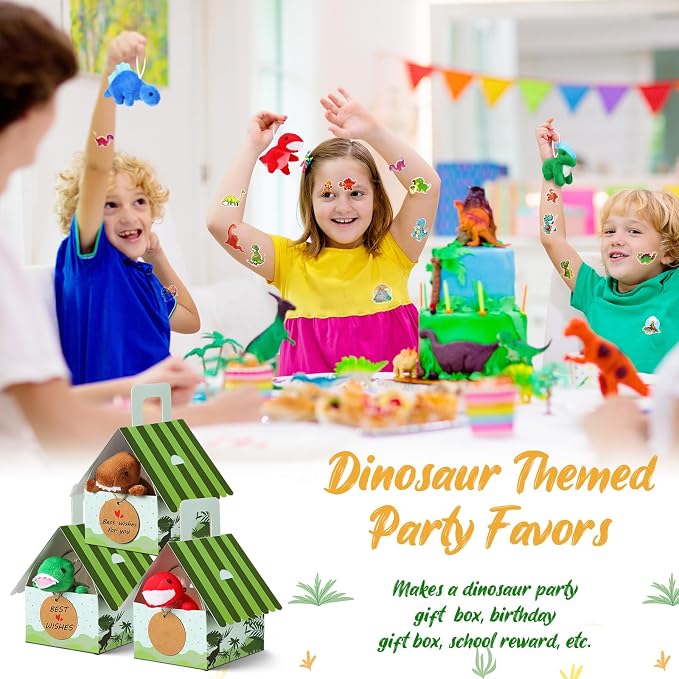 Spakon 88 Pcs Dinosaur Party Favors for Boys and Girls Includes 18 Sets Mini Stuffed Animals Plush Keychains Gift Box House Stickers Adopt a Dinosaur Party Favor for Birthday Supplies