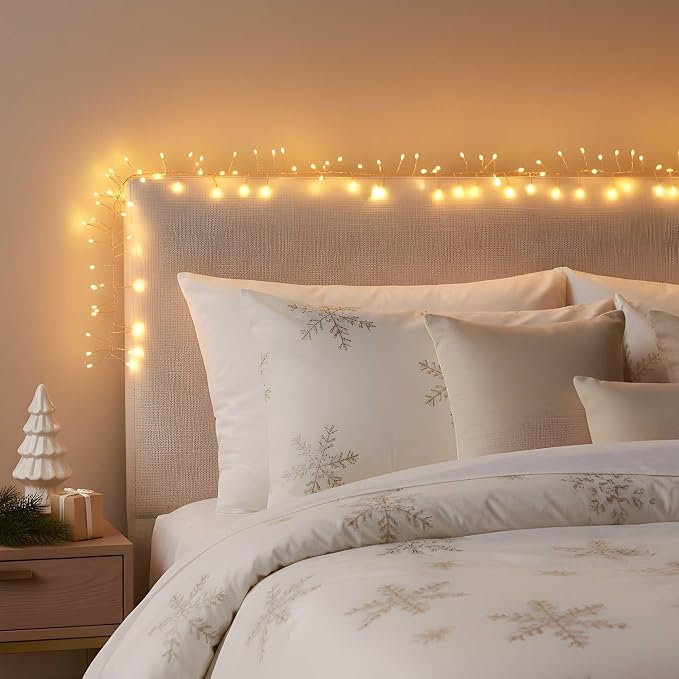 QBIS 240 LED Christmas Cluster Lights, 10ft Warm White Fairy Lights on Copper Wire, Plug in, Christmas Tree Lighting, Firecracker Light String Indoor Outdoor use, Window, Fireplace, Stair Decoration