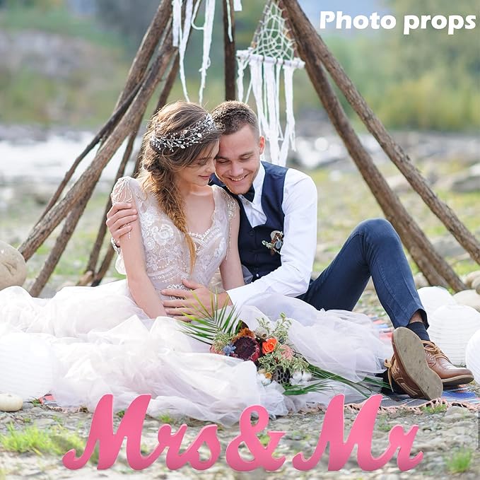 Mr Mrs Sign for Wedding Table, Mr and Mrs Wooden Letters, Mr. & Mrs. Party Decoration Items(Pink)