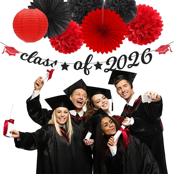 Black-Red 2026 Class-Congratulations Graduation Party-Decorations - 22pcs High School College Grad Prom Supplies Decor, Tissue Pom Poms Streamers, Paper Flowers Lanterns Hugmoon