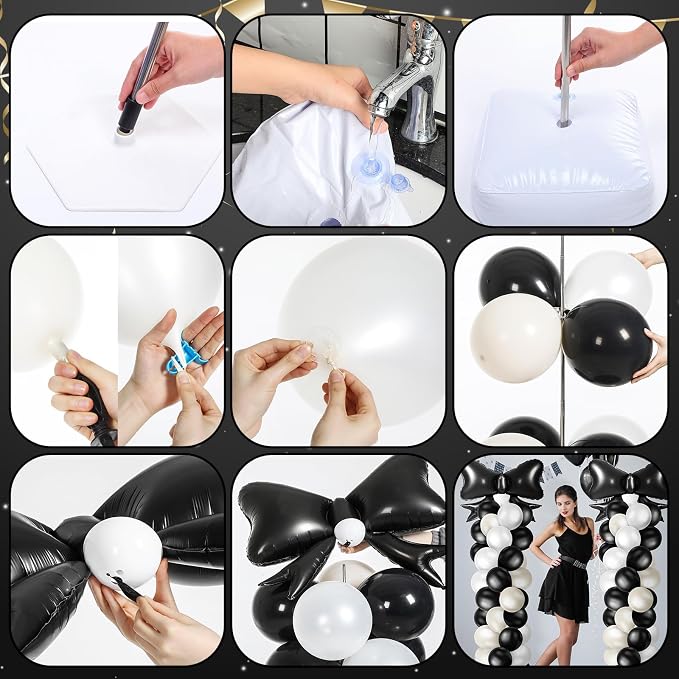Kasyat 2 Sets Black Bow Balloon Column Stand Kit with 2 Black Bow Foil Balloons 100 Latex Balloons, Adjustable Stands Black and White Balloon Garland Arch for Bridal Princess Birthday Coquette Party