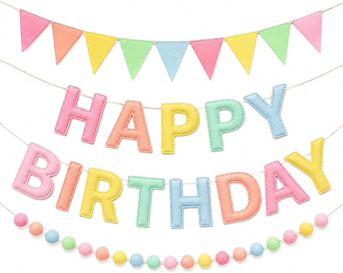 GOOGO Felt Happy Birthday Banner Set, Pastel Pre-Strung Party Decorations with Letter Banner, Felt Ball Garland and Pennant Flags for Girls and Women Birthday Decor