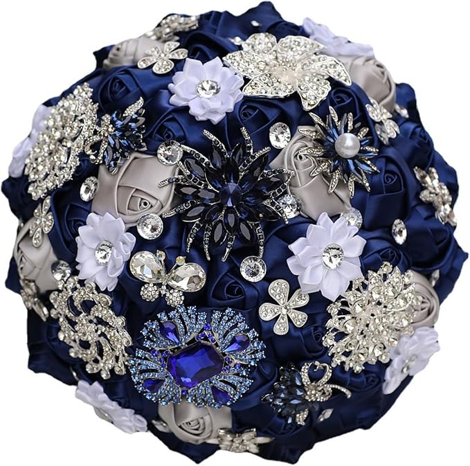 Navy Blue and Silver Grey Bridal Bouquet with Luxury Bling Rhinestone Brooch Wedding Bouquet for Bride Bridesmaid Quinceanera Satin Rose Flower Bouquet Wedding 7.1in