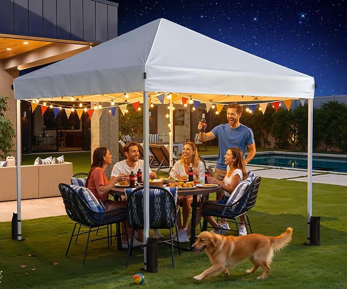10x10 Pop Up Canopy Tent, Shade Canopy with Carry Bag, Center Lock One Push, 3 Adjustable Height, Outdoor Canopy Tents for Parties, Events & Camping - White