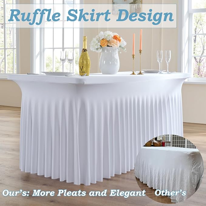 4 pk White Spandex Table Cloth Rectangle 8ft with Ruffle Skirt,Wrinkle Free High-Stretch Fitted Tablecloths for 8 Foot Rectangle Tables,Elastic Spandex Table Covers 8 ft for Parties Weddings Banquet