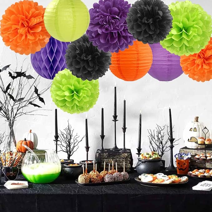 Orange Black Green Purple Paper Flowers Tissue Pom Poms Honeycomb Lanterns 15pcs Party Decorations Halloween Birthday Wedding Baby Bridal Shower Bachelorette Hanging Supplies Mprocherify